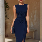 Ruched Front Sleeveless Midi Dress