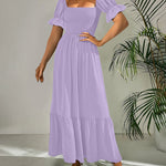 Ruffle Puff Sleeve Smocked Dress Square Neck Long Sleeve High Waist Flowy Maxi Dress