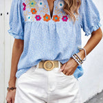Sky Blue Floral Embroidered Notched V Neck Puff Sleeve Blouse
