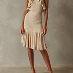 Elegant Soft Beige Ribbed Knit Pleated Ruffle Halter Midi Dress