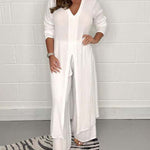 Nadorine Casual Two Pieces Suit V-Neck Long Sleeve Slit Hem Shirt Tops Wide-Leg Pants Sets