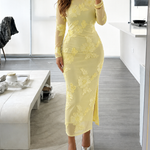 Women's 3D Floral Embroidered Mesh Midi Dress Sexy Sheer Long Sleeve Bodycon Dress Elegant Slit Cocktail Party Gown
