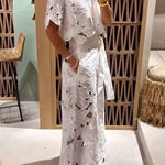 Redefining Elegance Floral Lace Cropped Shirt and Belt Pocketed Wide Leg Pants Set
