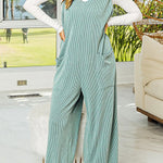 Green Pockets Oversized Ribbed Wide Leg Jumpsuit