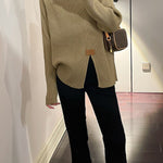 Long Sleeves Loose Split-Front Mock Neck Pullovers Sweater Tops