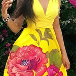 A-Line Sleeveless Flower Print Split-Joint V-Neck Maxi Dresses