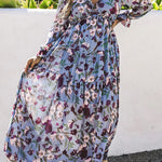 Light Blue Floral Print Ruffle Trim Maxi Dress