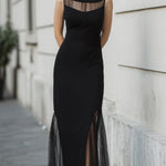 Elegant Sleeveless Mermaid Midi Dress With Sheer Mesh Illumination And Pleated Hem
