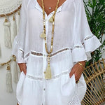 Plus Size Solid Hollow Out V-Neck Pullover Tops Shirt Dresses