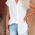 Tunic Lapel V Neck Button Down Tops Cap Sleeve Loose Casual Blouses