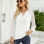 Nadorine V Neck Tops Solid Color Blouse Long Sleeve Pullover Lace Patchwork Shirt