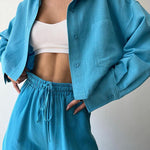 Two Piece Outfits Casual Lounge Sets Long Sleeve Short Casual Shirt with Drawstring Trousers Set