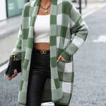 Plaid Dropped Shoulder Cardigan with Pocket