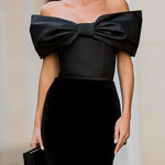Black Satin Bow & Velvet Fitted Midi Dress
