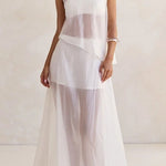 Lena Semi-sheer Irregular Hem Top and High Rise Side Zipper A-line Maxi Skirt Set
