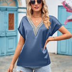 Short Sleeve V Neck Blouse Top Lace Trim Casual Summer Tee Shirt