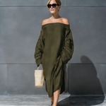 Women's Elegant Olive Green Cotton-linen Blend Off-the-shoulder Long-sleeved Maxi Dress