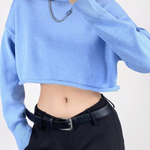 Round Neck Solid Color Loose Casual Long Sleeve Super Short Knitted Sweater