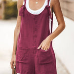 Sleeveless Baggy Fit Overall Strappy Tie Knot Shorts Jumpsuit Csaual Cute Rompers with Plus Size Patch Pockets