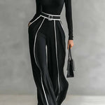White Trim High-neck Long-sleeved Top With Wide-leg Pants and Belt Set