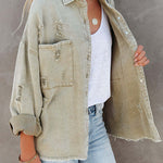 Stylish Lapel Long Sleeve Ripped Denim Jacket