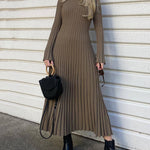 Long Sleeve Dress Crew-Neck Knit Maxi Dress Ribbed Elegant Long High Waist Pleated Dresses
