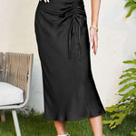 High-waist slimming zip-ruched satin skirt