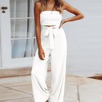 Solid Off Shoulder Bandeau Tube Tops Wide Leg Jumpsuit One Piece Cutout Tie Knot Romper Outfit