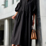 Half Sleeves Loose Buttoned Pleated Solid Color Tied Waist Stand Collar Maxi Dresses