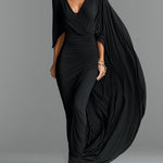 Women's Black Stretch Jersey Dress With Deep V-Neck & Cape Sleeve, Timeless Dramatic-Luxe Style Dress
