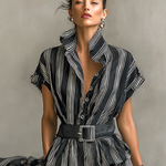 Women's Chiffon Striped Printed Lapel Short-sleeved Belted Maxi Dress