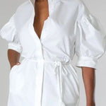 Puff Sleeves Gauze Pleated See-Through Solid Color Split-Joint Tied Waist Lapel Maxi Dresses