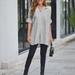 Nadorine Long Cuffed Sleeve Shirts Button Down V Neck Blouse Loose Fitting Tops