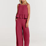 Nadorine 2 Piece Outfits Sleeveless Ruffle Tank Crop Top and Wide Leg Pants Lounge Set with Pockets