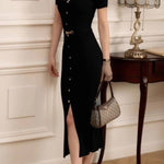 V-neck single-breasted slim-fit knit slit dress