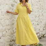 Loose Short Sleeves Buttoned Pleated Solid Color Lapel Collar Midi Dresses Shirt Dress