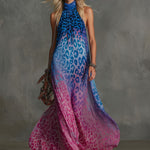 Gradient Leopard Print Chiffon High-neck Sleeveless Maxi Dress