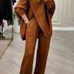 Solid Color Loose-fitting Turtleneck Knit Top and Elastic Waist Casual Pocket Straight Leg Pants