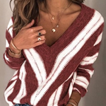 Casual Striped Split Joint Contrast V Neck Tops(5 Colors)