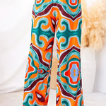 Oh So Chic Satin Ethnic Abstract Print Satin Elastic Waist Pocketed Wide Leg Pants
