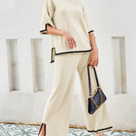 Nadorine Contrasting Color Slit Short-sleeved Sweater Wide-leg Trousers Two-piece Set