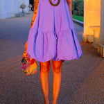 High Waisted Loose Pleated Solid Color Round-Neck Mini Dresses