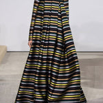Long Sleeves Loose Multi-Colored Pleated Striped High Neck Maxi Dresses