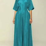 Half Sleeves High Waisted Pleated Solid Color Mock Neck Jumpsuits