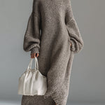 Elegant Urban Silhouette Round Neck Heathered Khaki Knitted Maxi Dress