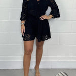 Emilee Lace Tie Neck Bell Sleeve Top and Elastic Waist Loose Shorts Set