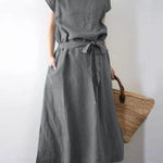 Long Maxi Crew Neck Dress with Belt High Waist with Pockets Conton Dress