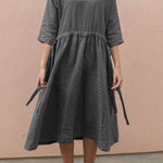 Lace-up V-neck cotton linen mid-sleeve dress