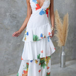 REFRESHING FLORAL PRINT BACK LACE-UP MULTI-TEIR RUFFLE HEM MAXI DRESS