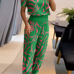 Casual V-Neck Printed Short Sleeve Long Pants Two-Piece Set